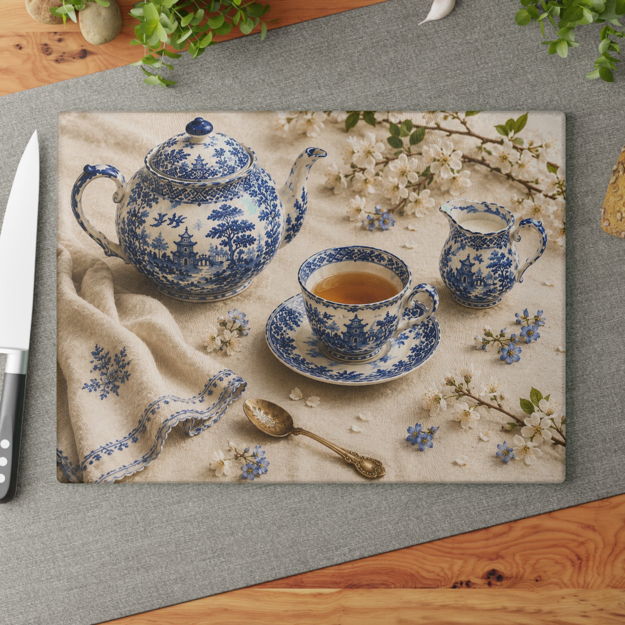 Blue Willow Tea | Glass Cutting Board