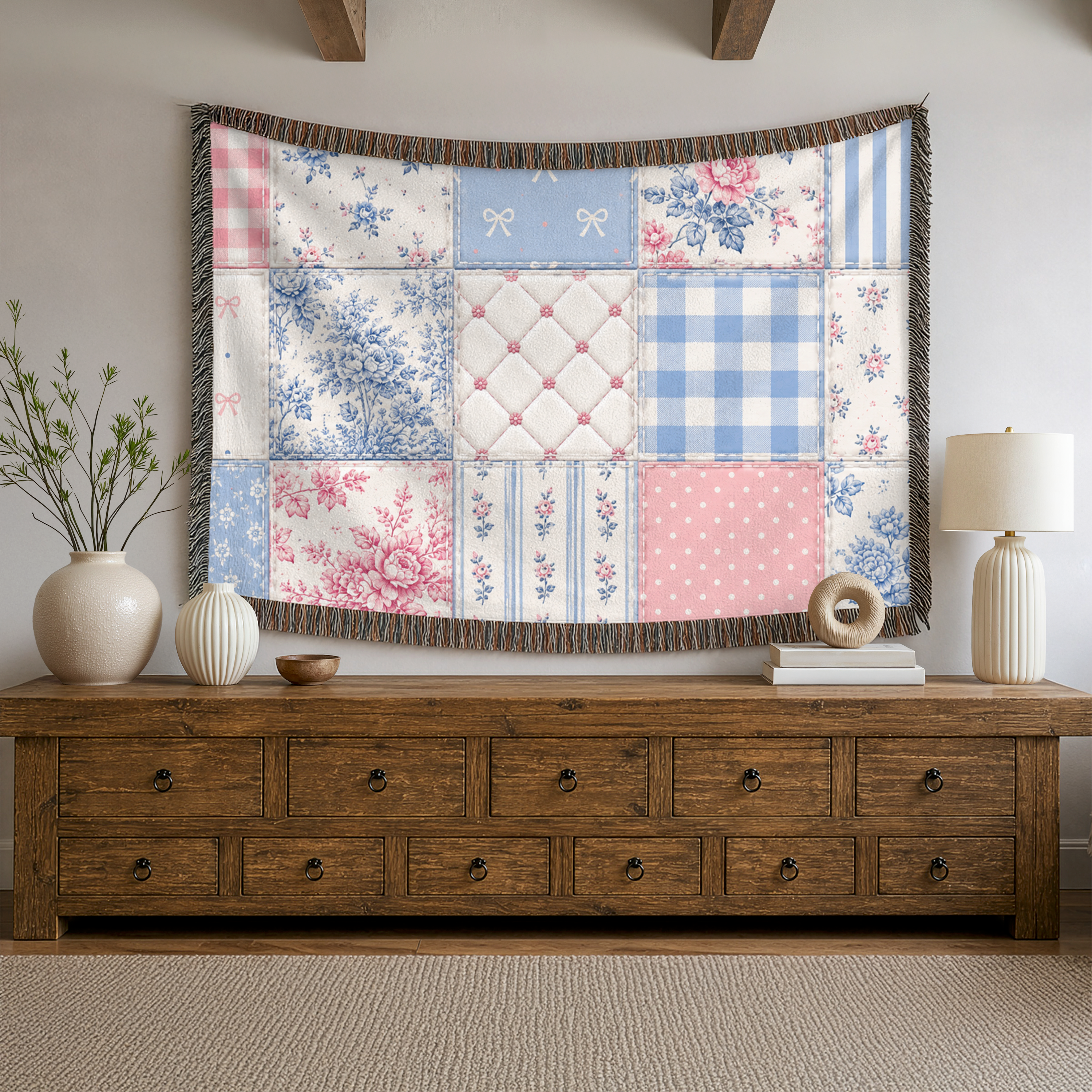 Blue & Pink Patchwork | Woven Blanket